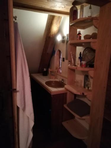 une petite salle de bain avec un lavabo et un miroir dans l'établissement Gîte Ha-Py Belle Vue, à Campan