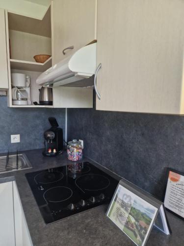 Il comprend une cuisine équipée d'un four et de plaques de cuisson. dans l'établissement BANCA Piscine Vue Montagnes, à Souraïde