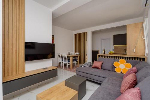 a living room with a couch and a tv at Aurora Apartments in Bar