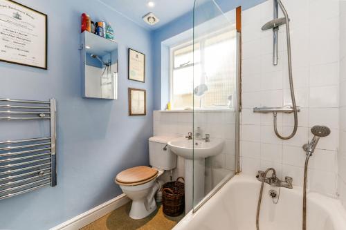 een badkamer met een toilet, een wastafel en een douche bij Oakleaves in Lodsworth