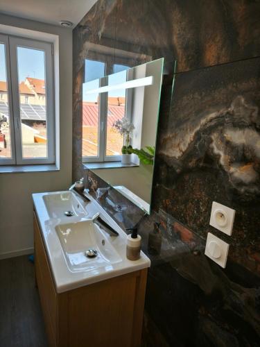 une salle de bain avec un lavabo et un miroir dans l'établissement LE GAUDRY 3 - Sauna - Gare 150m - Quartier calme, à Vichy