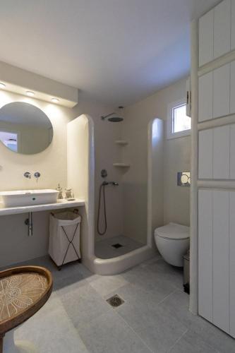 a bathroom with a shower and a toilet and a sink at Ammos Studio Pyrgaki Naxos in Agiassos
