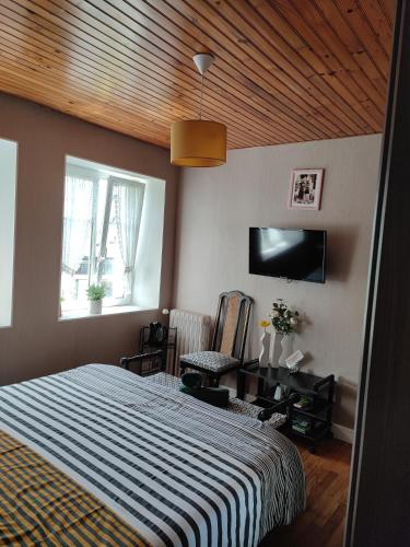 a bedroom with a bed and a window and a tv at ARVEIL in Plomeur