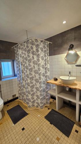 une salle de bain avec un lavabo et des toilettes dans l'établissement Maison de campagne à 15 minutes de Conques, à Conques-en-Rouergue