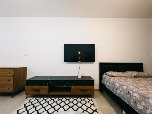 a bedroom with two beds and a tv on the wall at Ceasar Resort Spacious Studio in Amelius in Perivolia tou Trikomou