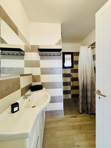 une salle de bain avec un lavabo et une douche dans l'établissement Villa Pour 6pers, 10 min des plages, proche Aéroport Beziers et autoroutes, à Villeneuve-lès-Béziers
