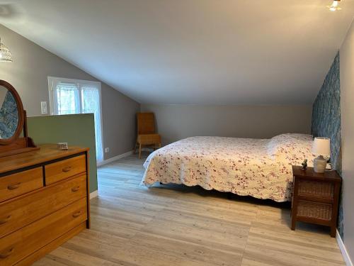 une chambre avec un lit, une commode et un miroir dans l'établissement Charming outbuilding with pool in Peypind'Aigues, à Peypin-dʼAigues