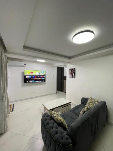 Una sala de estar con un sofá y un televisor. en Entebbe Super Lake view basement studio, en Wakiso