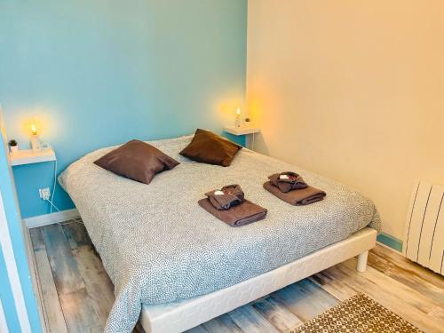 ein Schlafzimmer mit einem Bett, auf dem zwei Taschen liegen in der Unterkunft Chez Arthur -Séjour en Sologne in La Ferté-Saint-Aubin