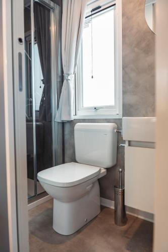 a bathroom with a toilet and a window at Domvs Glamp in Baveno