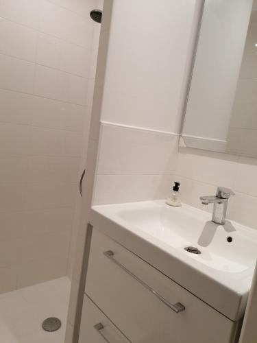 une salle de bain blanche avec un lavabo et une douche dans l'établissement Appartement F1 location proche mer, à La Garde