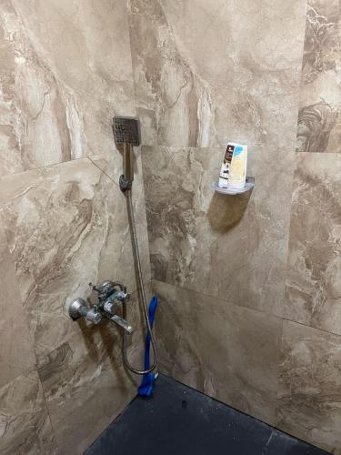 a shower in a bathroom with a stone wall at The Humble Hosts in Noida