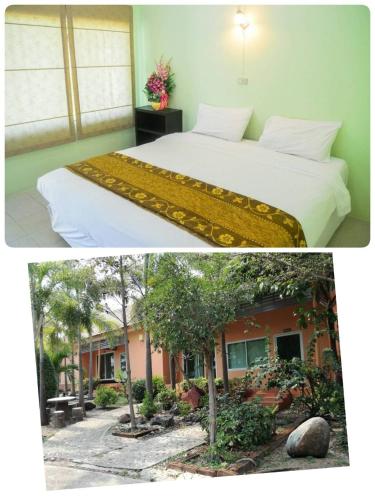two pictures of a bedroom with a bed and a building at Rimpuhill resort in Sattahip