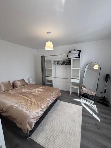 - une chambre avec un lit et un miroir dans l'établissement Charmant appartement rénové en plein centre ville, à Draveil