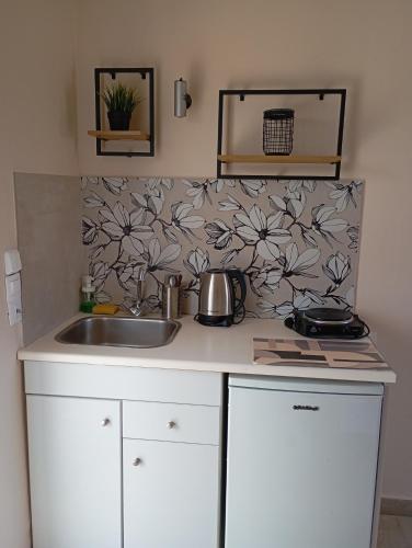 a kitchen with a sink and a counter top at Elenas Garden in Kavos