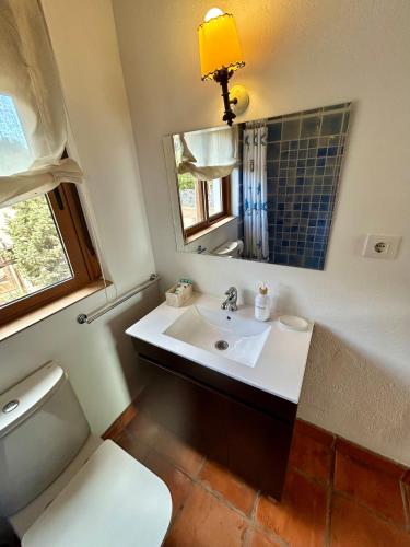 a bathroom with a sink and a toilet and a mirror at La Washingtonia in Las Negras