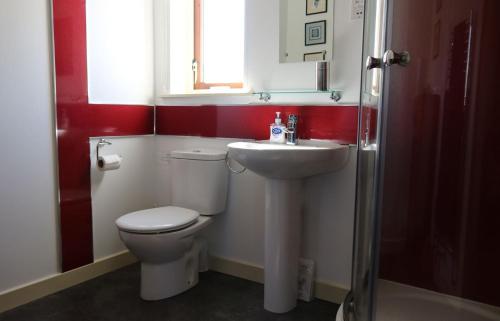 a bathroom with a white toilet and a sink at Taigh na Laige in Flashader