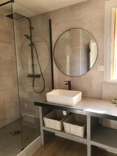 une salle de bain avec un lavabo et un miroir dans l'établissement Villa Léonah Bassin d'Arcachon, à Gujan-Mestras