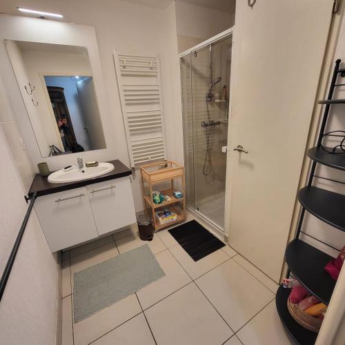 une salle de bain blanche avec un lavabo et une douche dans l'établissement Appartement du port, à Sète