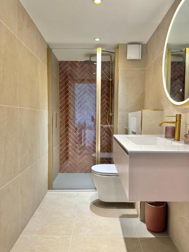 une salle de bain avec toilettes, lavabo et douche dans l'établissement Winter Palace - Parking - Centre - Calme, à Menton