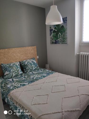ein Schlafzimmer mit einem Bett mit einer Decke und einer Lampe in der Unterkunft City break in Cahors