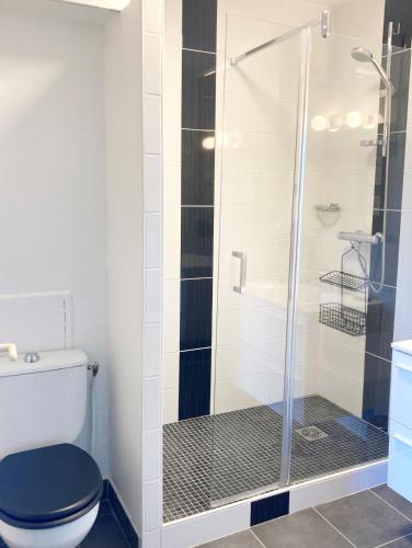 une salle de bain avec toilettes et douche en verre dans l'établissement Fairway 2, à Saint-Gély-du-Fesc