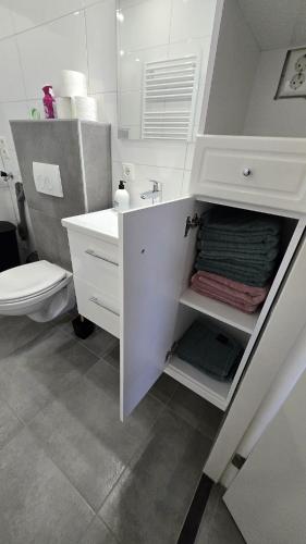 a white bathroom with a sink and a toilet at Haarle's kleine landhuis NR 1 in Haarle
