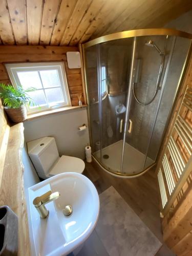 a bathroom with a shower and a sink at Beautifully Restored Log Cabin in Trawsfynydd