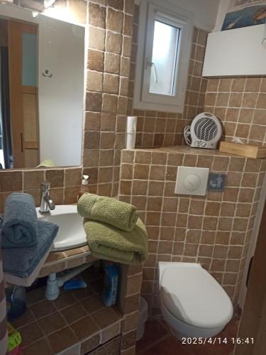 een badkamer met een wastafel, een toilet en een spiegel bij Notre Cabanon en Provence in Auriol