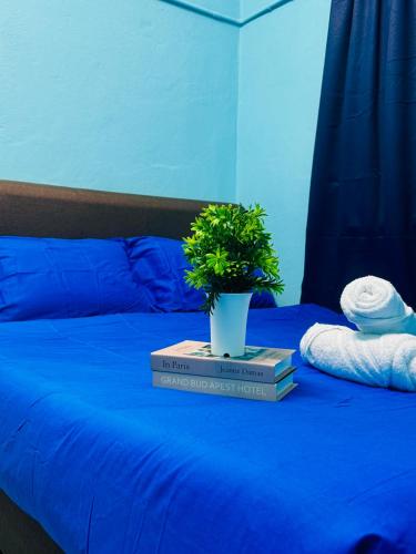 a bed with a plant on top of two books at Apartment in gelugor usm in Gelugor