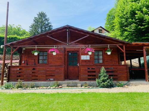 a wooden cabin with flowers on the front of it at Cabana Baile Chirui Ciubar in Băile Chirui