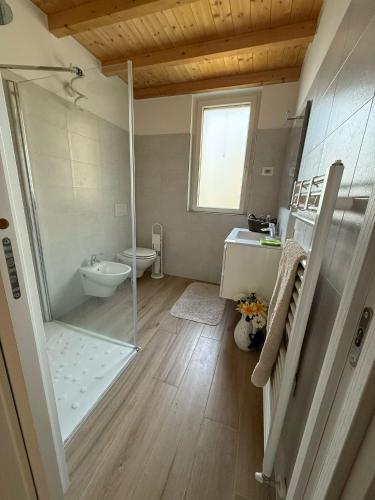 a bathroom with a shower and a toilet and a sink at Appartamento Riflessi D'Acqua in Navene