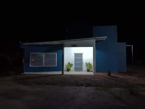 un edificio blu con due piante davanti di notte di Casa Campestre San Martin a Tauramena
