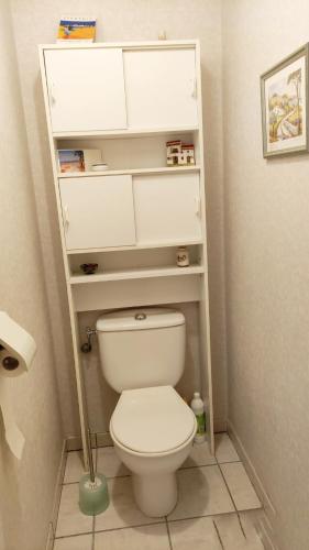 La salle de bains est pourvue de toilettes et d'étagères. dans l'établissement Soleil & sable-Fréjus appt 4 pers-Classé 3-Clim, à Fréjus