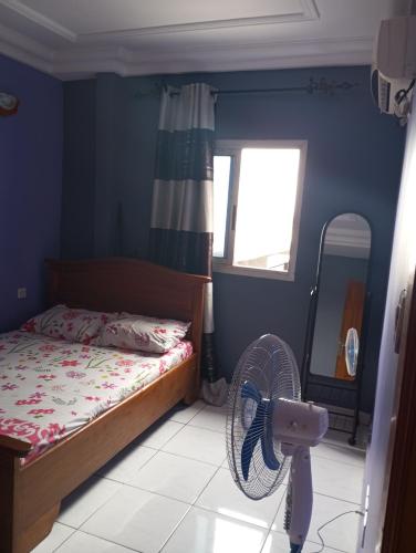 a bedroom with a bed and a fan and a window at Palace confortable et reposant à vil prix in Douala