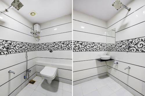 two pictures of a white bathroom with a toilet at Collection O Lotus Gold in Vadodara