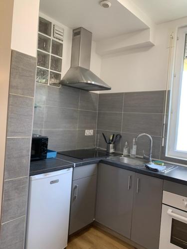 une cuisine avec un évier et un plan de travail dans l'établissement appartement RDC gauche, à Bagneux