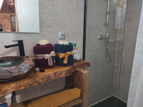a bathroom with a shower and two towels on a shelf at Roulotte à la campagne avec son spa à Cabariot in Cabariot