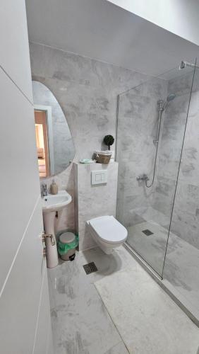 a bathroom with a shower and a toilet and a sink at Apartment 5 in Gevgelija