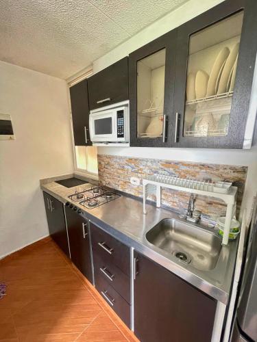 a small kitchen with a sink and a microwave at New palmira APARTMENT in Palmira