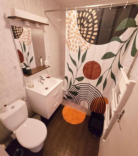 La salle de bains est pourvue d'un lavabo et d'un rideau de douche. dans l'établissement Studio cosy, à Bagnères-de-Bigorre