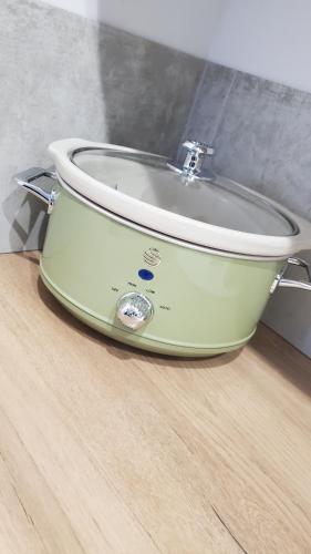 a green and white toilet sitting on a wooden floor at appartement Le bohème in Fère-en-Tardenois