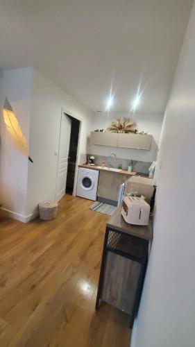 Cette chambre comprend une cuisine équipée d'un évier et d'une cuisinière. dans l'établissement appartement Le bohème, à Fère-en-Tardenois