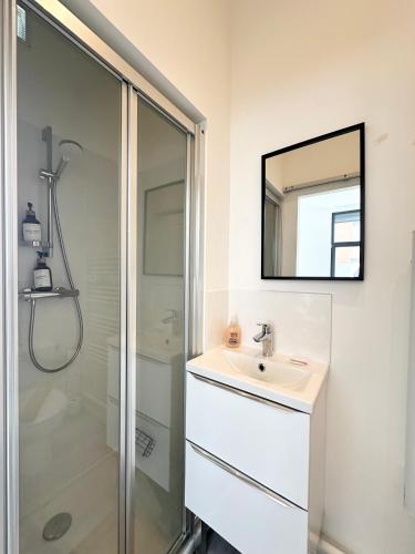 une salle de bain avec un lavabo et une douche avec un miroir dans l'établissement Le Francis, petit studio proche métro A, à Villeurbanne