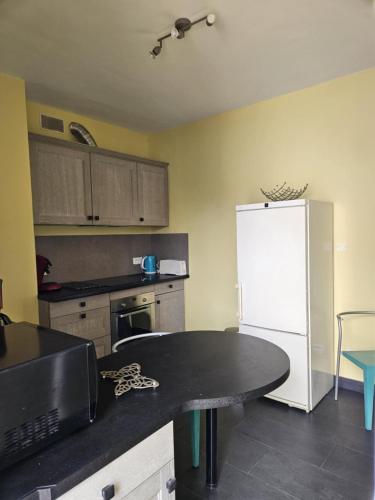 Il comprend une cuisine équipée d'un comptoir noir et d'un réfrigérateur blanc. dans l'établissement Cannes apartment near Croisette, à Cannes