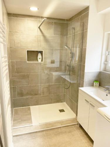 une douche avec une porte vitrée dans une salle de bain dans l'établissement Appartement pratique au centre-ville de Vesoul, à Vesoul