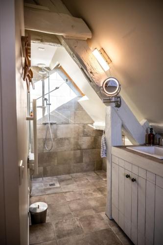 une salle de bain avec douche et lavabo dans l'établissement Ferme de Brunel- Gîte à la campagne - 13 pers - 1 heure de Paris, à Gressey