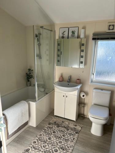 a bathroom with a shower and a sink and a toilet at Kent Getaways in Westgate-on-Sea