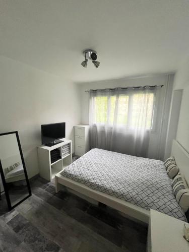 une chambre blanche avec un lit et une télévision dans l'établissement Charmant T2 - Cosy et confort - 4 pers, à La Motte-Servolex