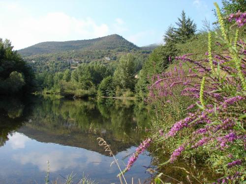 - une vue sur une rivière avec des montagnes en arrière-plan dans l'établissement Camping le mas du serre, à Gravières